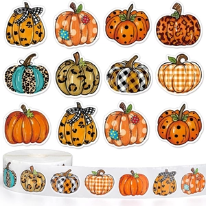 Rouleau de 500 autocollants de citrouille d'automne aux motifs léopard et à carreaux variés