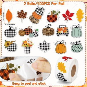 Detail view of 1.2-inch waterproof autumn pumpkin stickers with easy-to-peel feature