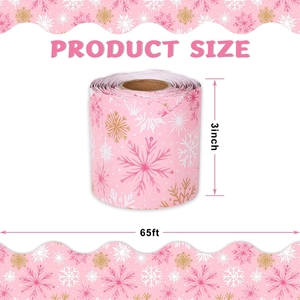 Pink Christmas bulletin board border with gold snowflakes, wavy edge, 3 inch x 65 ft roll