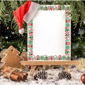 Christmas peppermint bulletin board border with red green candy patterns on wooden easel