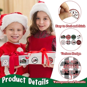 500 Christmas buffalo plaid stickers featuring gnomes and red trucks for holiday gifts