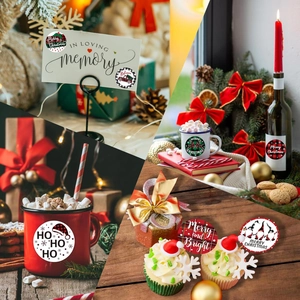Close-up of buffalo plaid Merry Christmas stickers on gift cards and holiday mugs
