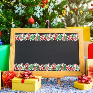 Christmas chalkboard with red and green peppermint candy cane self-adhesive borders