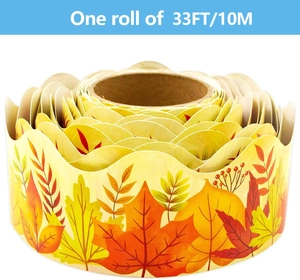 Close-up of 33ft fall maple leaf bulletin board border with scalloped edges for classroom