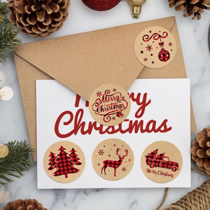 500pcs Buffalo Plaid Kraft Christmas Stickers with Merry Christmas tree and elk patterns