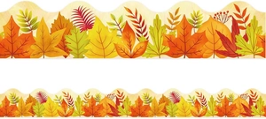 Close-up of wavy autumn leaf bulletin board borders with colorful maple leaves and fall patterns