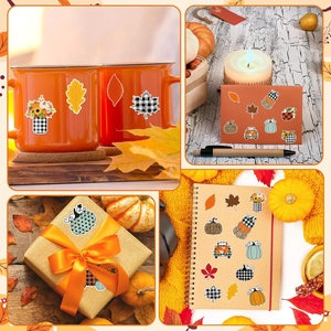 Waterproof vinyl autumn stickers shown on mugs, gift boxes and journals for decoration