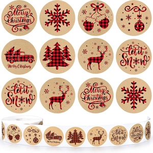 Roll of 500 Merry Christmas Buffalo Plaid kraft paper stickers for gift decoration