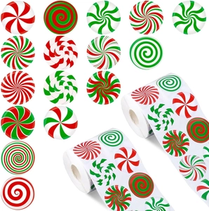 500pcs Christmas candy stickers roll with red and green peppermint patterns for gift decor