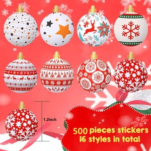 Detailed view of 500 count 1.2-inch Christmas stickers with 16 festive patterns on red background