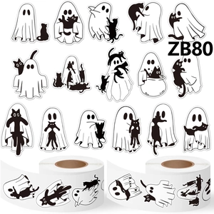 Halloween Ghost And Cat Sticker Roll Black And White Cartoon Ghost Cat Decorative Decals For Scrapbooking Bottle Gift Wrap
