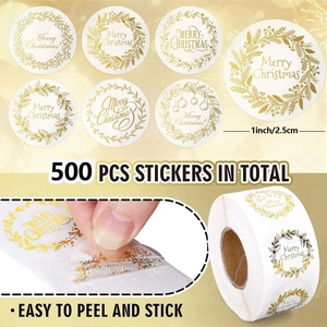 Roll of 500 gold foil Merry Christmas stickers with wreath designs for envelopes