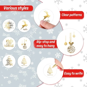 Vue détaillée d'autocollants de Noël avec finition dorée et matériau résistant aux déchirures