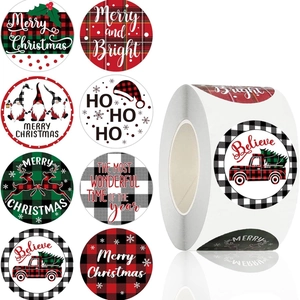 500pcs buffalo plaid Christmas stickers featuring Santa, reindeer, and red truck designs