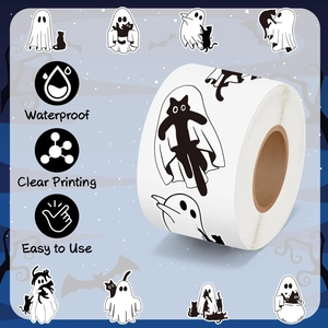 Waterproof Halloween ghost and cat sticker roll for crafts, journals, and gift wrapping