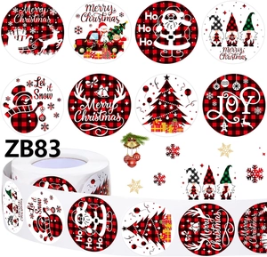 Detail of buffalo plaid Christmas stickers roll with 8 festive holiday designs
