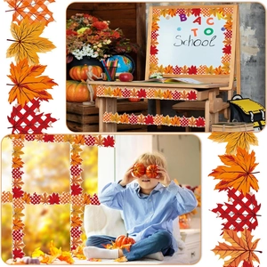 Fall maple leaf bulletin board border with red and orange plaid designs for classrooms