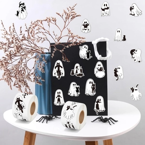Halloween ghost and black cat sticker roll for crafts, minimalist black and white decals