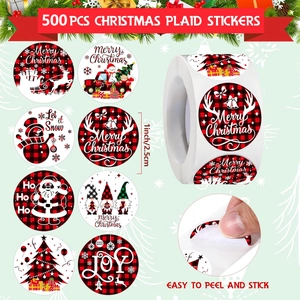 500pcs Merry Christmas sticker roll with 8 festive buffalo plaid designs for gift wrapping