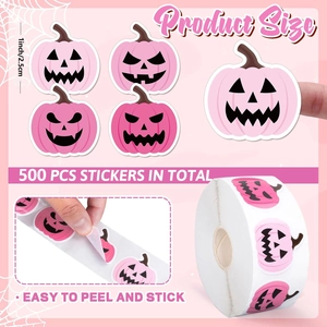 Roll of 500 pink Halloween pumpkin face stickers for party favors and DIY crafts