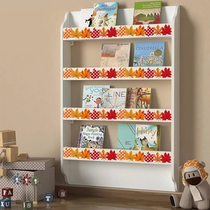 White 4-tier wooden bookshelf with autumn maple leaf border for classroom and kids room decor
