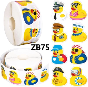 Detail of pink pumpkin and cartoon duck sticker rolls with various cute character designs