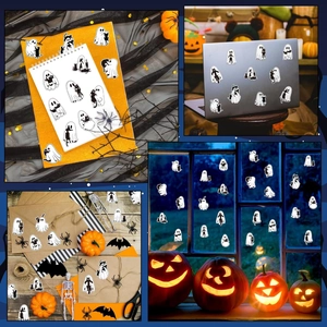 Ghost and black cat Halloween stickers applied to laptops and gift boxes decoration