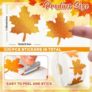 Size chart for 500 holographic maple leaf stickers showing height 1.18 and width 1 inch