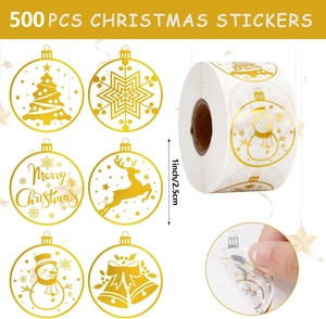 Detail of 500 gold Christmas stickers showing various patterns and roll dimensions