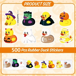Roll of 500 Halloween rubber duck stickers featuring 8 spooky cartoon designs for decoration