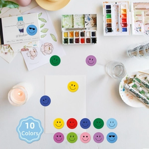 Colorful round smile face reward stickers for school charts in 10 vibrant colors
