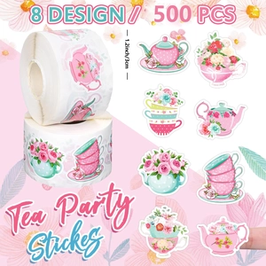 Roll of 500 tea party stickers with 8 floral teapot designs for scrapbooking and gifts