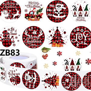 Merry Christmas Stickers Roll Round Santa Claus Reindeer Buffalo Plaid Adhesive Labels For Holiday Gift Envelope Seal Decor