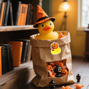 Halloween rubber duck with wizard hat and mini pumpkin decorations in cozy indoor scene