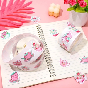 500pcs floral tea party sticker roll with pink teapots and roses for scrapbooking