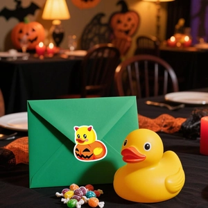 Halloween rubber duck stickers with green envelope, pumpkin decals and festive party decor