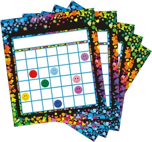 Close-up of a colorful reward chart with multi-colored happy face stickers in grids