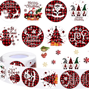 Buffalo plaid Christmas label sticker roll featuring Santa, snowman and truck designs