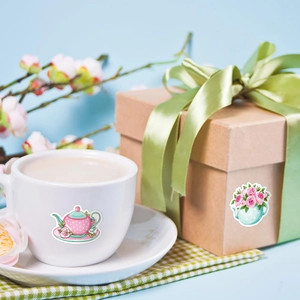 Floral tea party stickers featuring pink teapot designs for scrapbooking and gifts