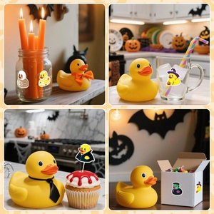 Halloween rubber ducks with themed stickers shown in cozy home party decoration scenes