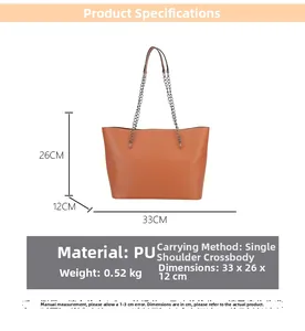 Orange PU leather tote bag details with dimensions 33x26x12cm and metal chain strap