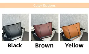Three-grid display of large tote bags in black, brown, and yellow with metal chain straps