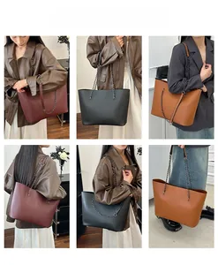 Collage of tote bags showing large capacity and chain straps in red, black, and tan leather