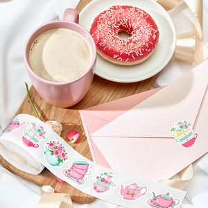 Floral tea party sticker roll featuring teapots and cups for journaling and scrapbooking
