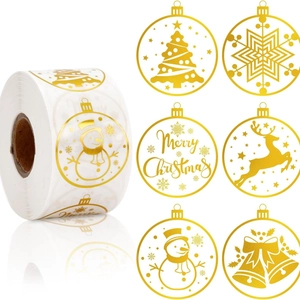 Christmas gold foil round stickers with snowman and reindeer for gift sealing