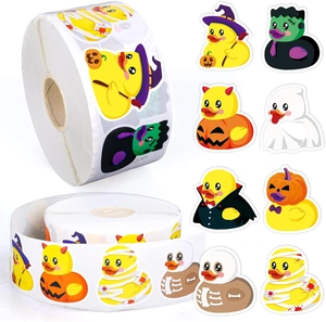 Halloween rubber duck stickers roll featuring 8 funny cartoon designs for decorations