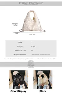 Detailed size chart of sequin handbag with width 28cm and 120cm silver chain strap