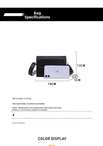 Detail view of black PU leather bag with dimensions and phone size comparison