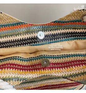 Detail of multi-color woven tote featuring invisible magnetic clasp for easy closure