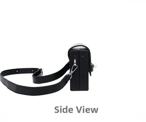 Side view showing the double layered accordion structure of a black leather handbag